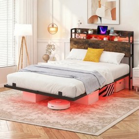 Estrutura de cama 200 x 140 cm (COLCHÃO NÃO INCLUIDO) com LED e plataforma de carga industrial em metal, com cabeceira com espaço de arrumação e ripas