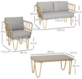 Conjunto de Jardim de 4 Peças em Vime Sintético com 2 Poltronas 1 Sofá de 2 Lugares 1 Mesa e Almofadas Natural e Cinza