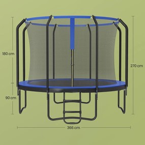 Trampolim para crianças 366 cm de jardim com rede de segurança, cobertura lateral preto-azul