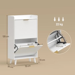 Sapateira com capacidade 70 L x 30 P x 120 A cm para 12 pares, armário estreito com 2 gavetas rebatíveis e prateleiras ajustáveis, branco