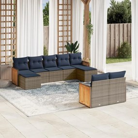 vidaXL 9 pcs conjunto sofás p/ jardim c/ almofadões vime PE cinzento