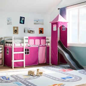 vidaXL Cama alta para criança com torre 90x200 cm pinho maciço rosa
