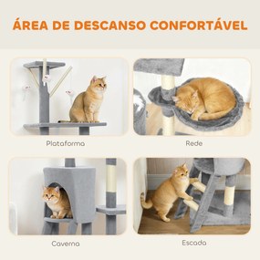 Arranhador para Gatos com Caverna Plataformas Rato de Brinquedo Rede e Postes de Sisal 60x35x134 cm Cinzento