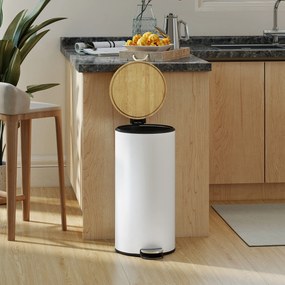 Balde do Lixo para Cozinha com Pedal 30L Cubo de Lixo Metálico com Tampa de Fecho Suave e Balde Removível 36x30x60,5 cm Branco e Madeira