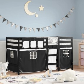 vidaXL Cama alta criança c/ cortina 90x200cm pinho maciço branco/preto