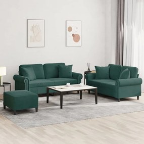 3 pcs conjunto de sofás com almofadas veludo verde-escuro