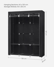 Guarda Roupa em tecido com 3 varões para roupa e 4 bolsos laterais 45 x 130 x 167 cm Preto