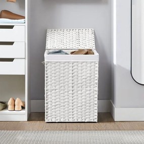 Cesto da roupa suja branco, 90 L, 33 x 46 x 60 cm com 2 compartimentos, trançado à mão e com tampa Branco