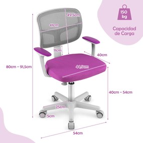 Cadeira de secretária ergonómica para crianças com rodas Cadeira giratória para computador Apoio lombar ajustável em altura Violeta