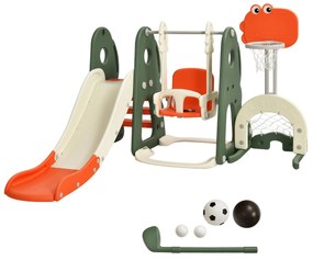 Conjunto infantil de escorrega e baloiço e equilíbrio 6 em 1 com cesto basquetebol, baliza 172 x 182 x 120 cm Laranja
