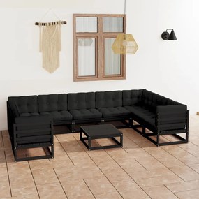 10 pcs conjunto longue jardim c/ almofadões pinho maciço preto