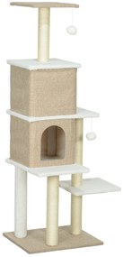 Arranhador para Gatos com 2 Cavernas Plataformas Bolas Suspensas e Poste de Sisal 48x40x140 cm Castanho Claro