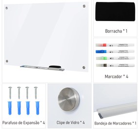 Placa de vidro magnético com bandeja Inclui 4 marcadores e borracha 90x60x0,45 cm Branco