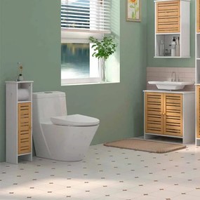 Coluna Casa de Banho Pequena Moderna Móvel Auxiliar Casa de Banho com Suporte para Papel Higiénico 21x17x78 cm Branco e Madeira