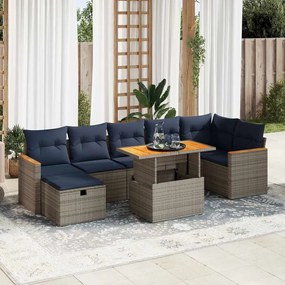 8 pcs conj. sofás jardim c/ almofadões vime PE/acácia castanho