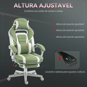 Cadeira Gamer Reclinável com Altura Ajustável Apoio para os Pés Retrátil Suporte Lombar e Almofada de Cabeça Amovível Verde