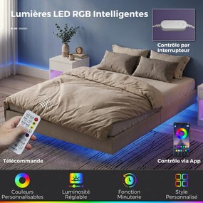 Estrutura Cama de Casal Flutuante, 201 x 162 x 27 cm (COLCHÃO NÃO INCLUIDO), Iluminação LED RGB Inteligente, Bege