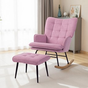 Conjunto de Poltrona Baloiço com Apoio para os Pés Poltrona Relax com Almofada Acolchoada e Anti-Tombo 64x89x90 cm Rosa