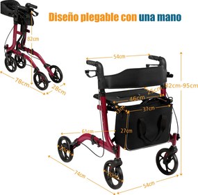 Andador de alumínio para idosos e adultos dobrável leve ajustável com bolsa de armazenamento  74 x 61 x 82 - 95 cm Vermelho