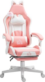 HOMCOM Cadeira Gamer com Orelhas Cadeira Gamer Reclinável com Altura Ajustável e Suporte Lombar 65x62x116-124 cm Rosa e Branco | Aosom Portugal