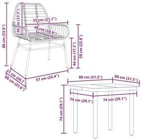 Conjunto jantar jardim 5 peças vidro vime PE castanho