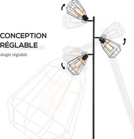 Candeeiro de pé de design industrial, 3 lâmpadas, máx. 40 W, abajur em forma de gaiola de metal preto