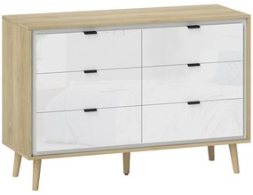 Cómoda 6 Gavetas 110x40x75 cm Quarto com Pernas de Madeira Estilo Moderno  Branco Brilhante e Carvalho