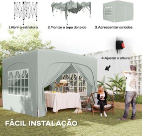 Tenda Dobrável 3x3 m com Painéis Laterais UPF50+ Tenda de Jardim com Altura Ajustável e Bolsa de Transporte Cinza Claro
