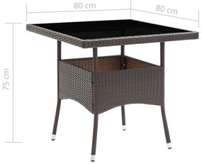 3 pcs conj. jantar p/ jardim vime PE e vidro temperado castanho