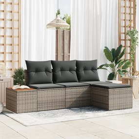 Conjunto de Sofá de Jardim de 4 Peças com Almofadas Cinza Polirattan A