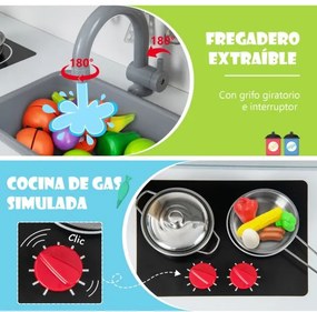 Cozinha de brincar para crianças em madeira com micro-ondas, exaustor, fogão, lava-loiça, máquina de gelo e 18 acessórios Branco
