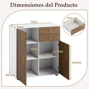 Aparador armário para cozinha ou sala 74 x 35 x 85,5 cm com 2 gavetas, 2 portas e 3 prateleiras ajustáveis, estilo rústico moderno Natural+Branco