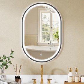 Espelho de Casa de Banho com Luz 60x90 cm Espelho de Parede Oval 3 Cores de Luz Brilho Regulável Função Antiembaçiamento Memória Preto