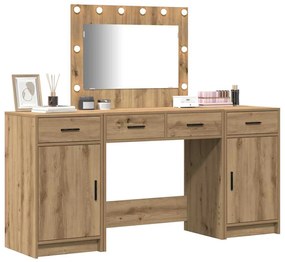 Conjunto de Mesa de Maquilhagem de 3 Peças com LED Carvalho Artesanal