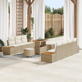 Conjunto de Sofás de Jardim de 10 Peças com Almofadas Bege Rattan Poli
