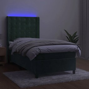 Cama box spring c/ colchão/LED 100x200 cm veludo verde-escuro