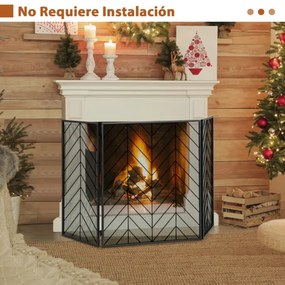 Proteção dobrável da lareira de 3 painéis do ferro forjado com dobradiças flexíveis quadro resistente para a sala de visitas 133 x 78 x 2 cm Preto