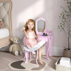 Toucador Infantil para Meninas e Meninos Toucador de Maquilhagem com Banco Espelho Gaveta e Caixas de Arrumação Rosa