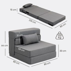 Poltrona convertível de 1 lugar, poltrona-cama dobrável, almofada incluída, capacidade de 120 kg, cinzenta