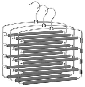 Cabides para calças SONGMICS, conjunto de 3 cabides de metal com várias barras que economizam espaço, estáveis com acolchoamento antiderrapante, barras giratórias para 5 jeans cada, calças de terno, cachecóis, gravatas, cinza e prata CRI041GY