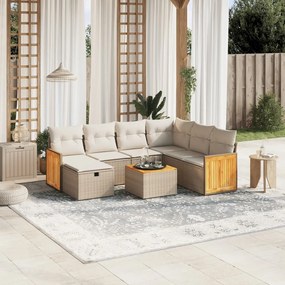 8 pcs conjunto de sofás p/ jardim com almofadões vime PE bege