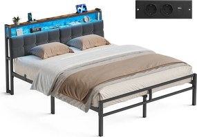 Cama de metal 160 x 200 cm (COLCHÃO NÃO INCLUIDO), estrutura com cabeceira, cama com espaço de arrumação e iluminação LED Preto mate, castanho vintage