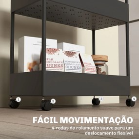 Carrinho Auxiliar com Rodas Carrinho de Armazenamento com 4 Cestas e 4 Ganchos Amovíveis 40x19x90 cm Preto