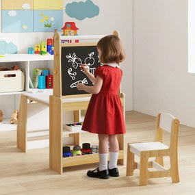 Conjunto de mesa e cadeira para crianças com 2 quadros, rolo de papel, copos para tinta, cavalete e cadeira multifuncional cor natural e branca