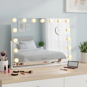 Espelho maquilhagem LED com 15 lâmpadas 10 x 62,5 x 45,8 cm, ampliação de 10 vezes, porta de carregamento branco
