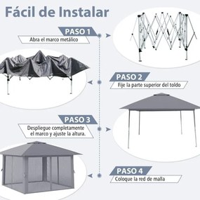 Pergula dobrável 394 x 394 cm, portátil com teto duplo e rede, bolsa de transporte, abrigo solar de montagem rápida e instantânea, cinzenta
