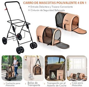 Carrinho multifuncional 4 em 1 para cães e gatos, carrinho para animais de estimação, nível duplo, destaque e duplo com 4 rodas, 51 x 68 x 107 cm, beg