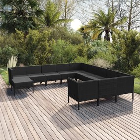 vidaXL 12 pcs conjunto lounge de jardim c/ almofadões vime PE preto