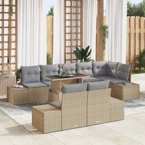 Conjunto de Sofá de Jardim 9 Peças com Almofadas Bege em Rattan Sintét