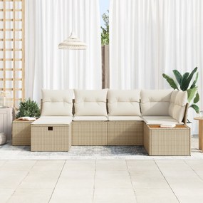 Conjunto de Sofá para Jardim de 6 Peças com Almofadas Bege de Rattan P